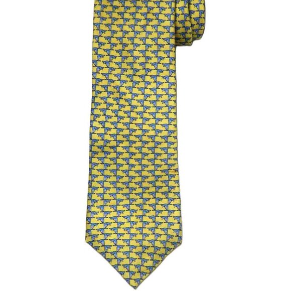 Cremieux Silk Tie Yellow Blue Handmade Geese Pattern Men's - Picture 2 of 2